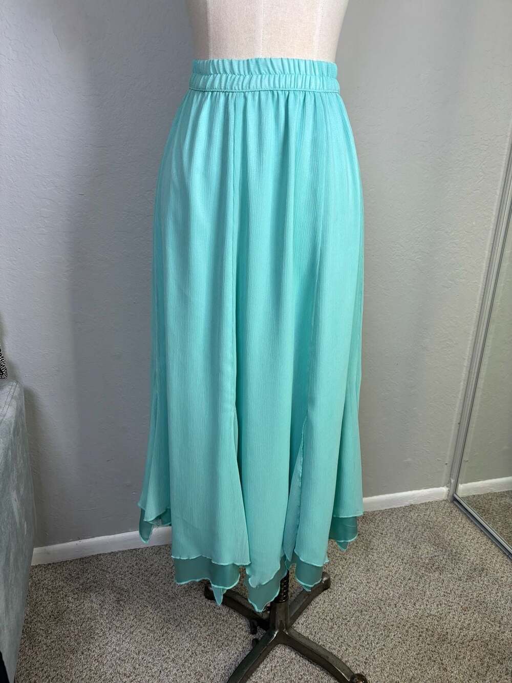 Vintage Turquoise Chiffon Asymmetric High-Low Maxi Skirt Elastic Waist Size S